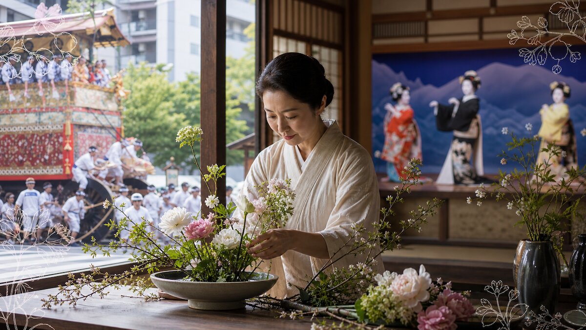 Featured Post Image - 祇園祭の鉾に添える花、都をどりの舞台を彩る花——京都の祭事に隠された花の約束事